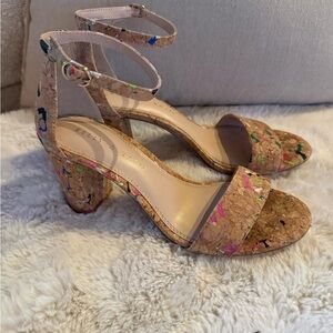 Kelly & Katie Cork Block Heel Sandals with Multicolor Speckle